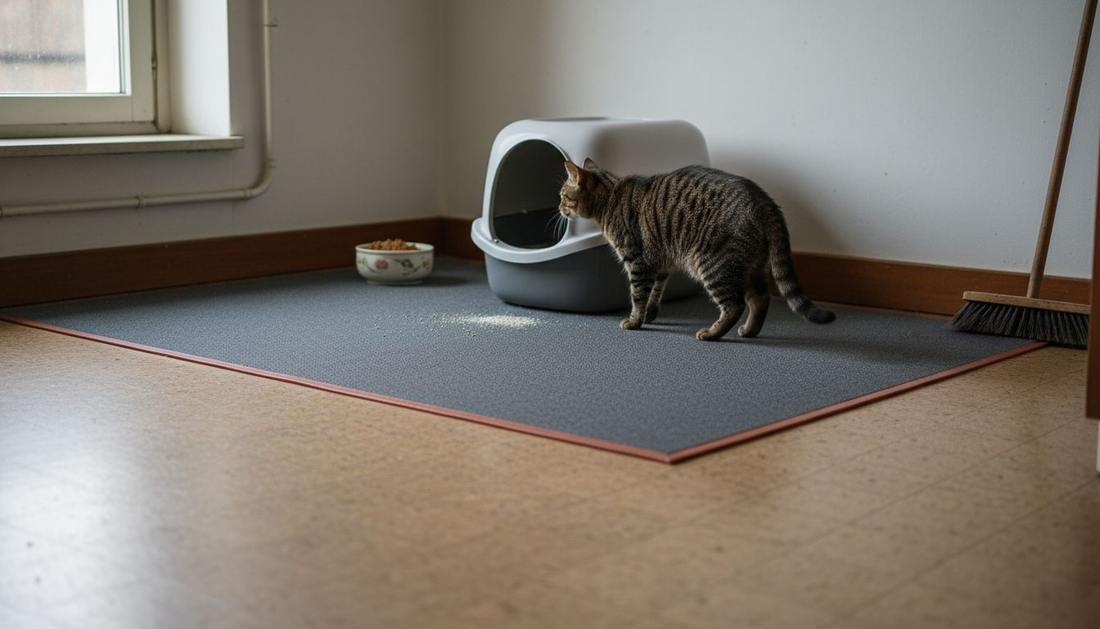 Die Katze läuft über die Schutzmatte neben dem Katzenklo.