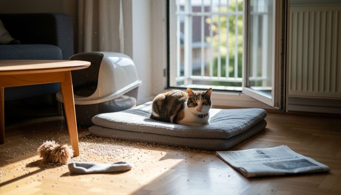 Zu Hause liegt die Katze gemütlich auf ihrer Matte direkt neben dem Katzenklo.